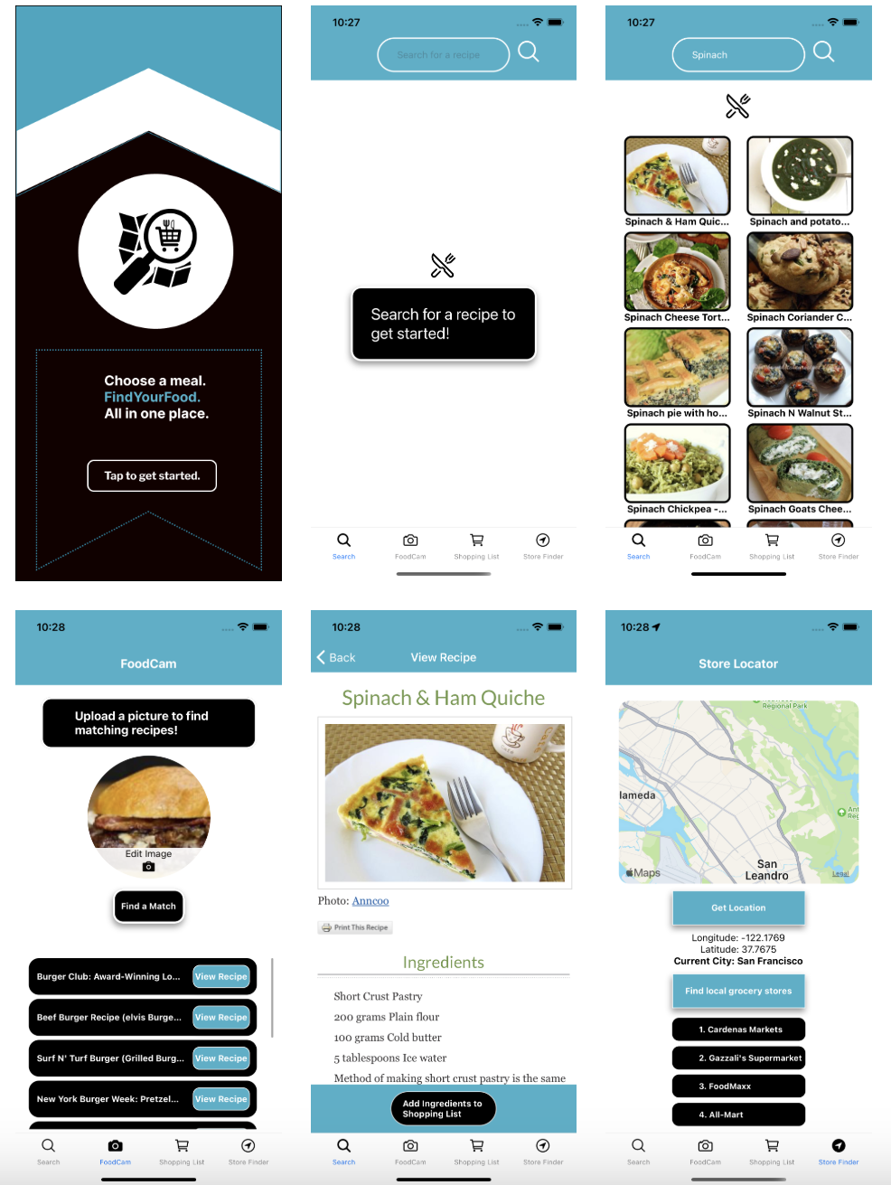 screenshots of FindYourFood app