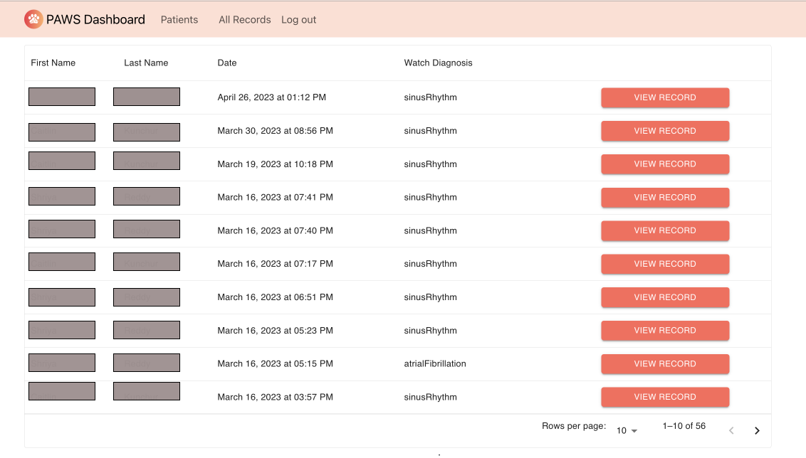 web app screen showing patient list
