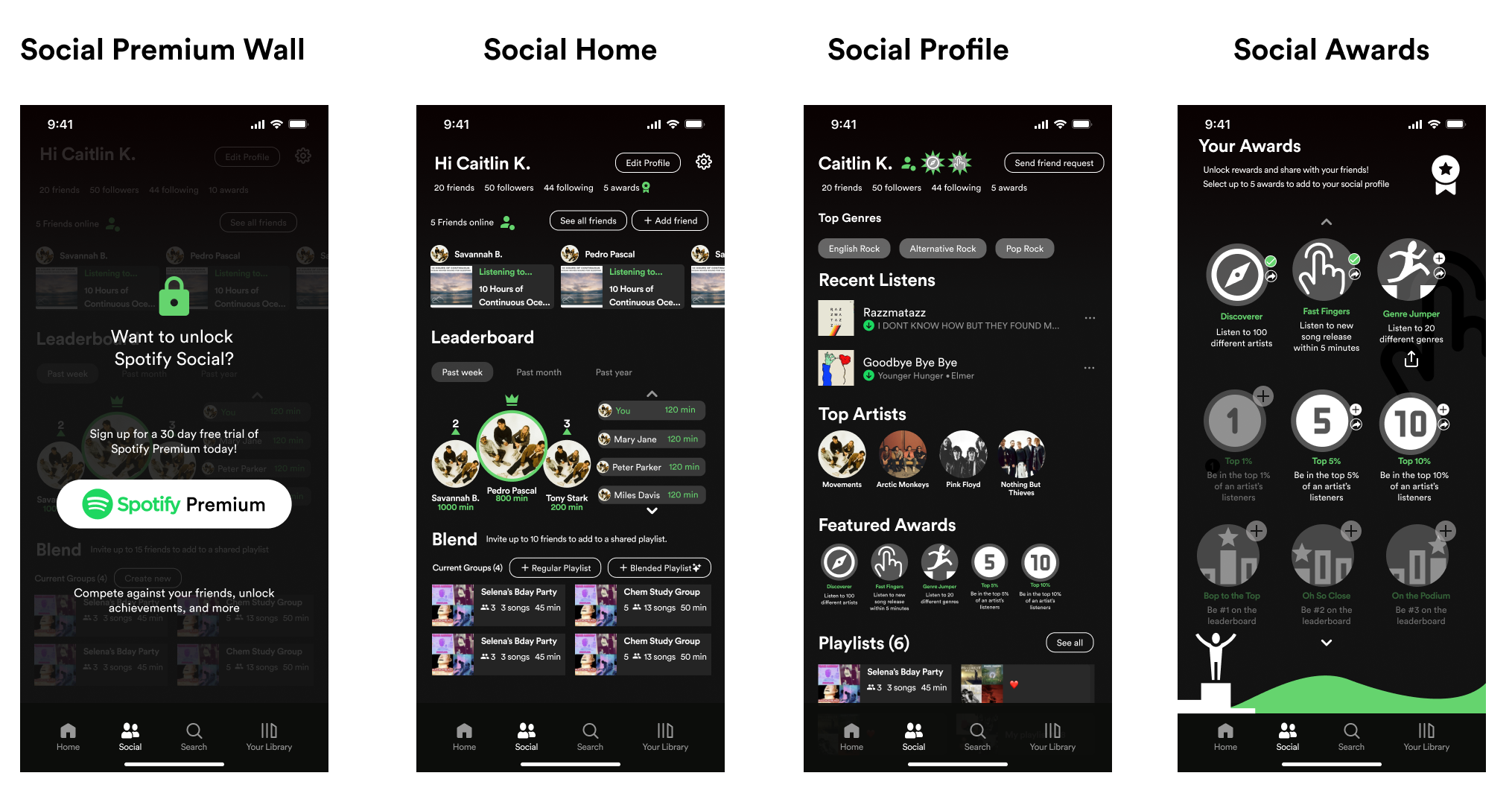 figma screenshots of new social feature for Spotify